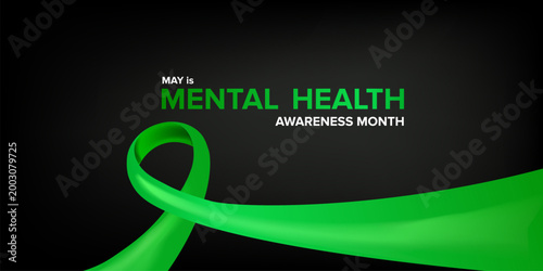 May is Mental Health Awareness Month banner with large green ribbon on black background. Modern Mental Health typography for psychological wellness, support advocacy, and healthcare marketing.