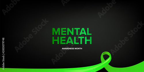 May is Mental Health Awareness Month banner with large green ribbon on black background. Modern Mental Health typography for psychological wellness, support advocacy, and healthcare marketing.