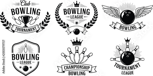 Bowling badges and emblems set vintage style labels with pins ball wings crown and laurel for tournament and league vector illustration