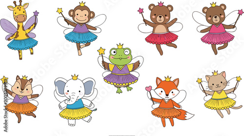 Cute animal fairies set magical characters giraffe monkey bear frog elephant fox and cat with wings cartoon vector illustration collection
