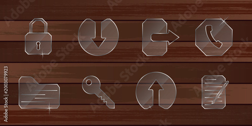 Glass UI Icon Pack with Lock Key File and Navigation Elements on Wood