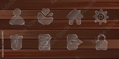 Glass UI Icons Set with User Home and Settings Symbols on Wooden Background