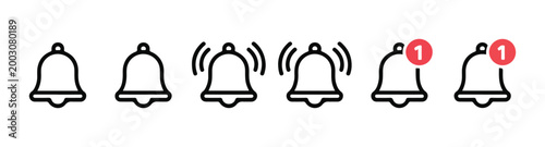 Set of modern bell notification icons with ringing motion and badge indicators for interface development.
