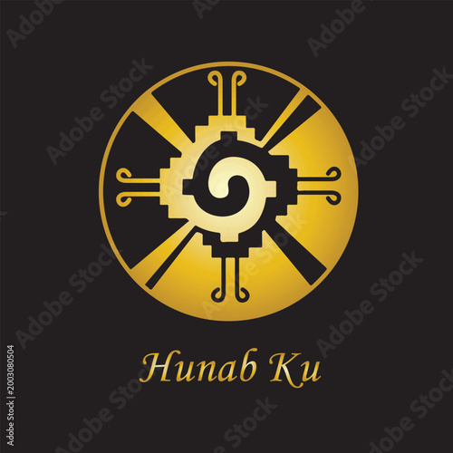 Sacred Mayan symbol Hunab Ku in gold on a black background. Represents the galactic butterfly and universal consciousness. Elegant esoteric design for spiritual and historical themes.