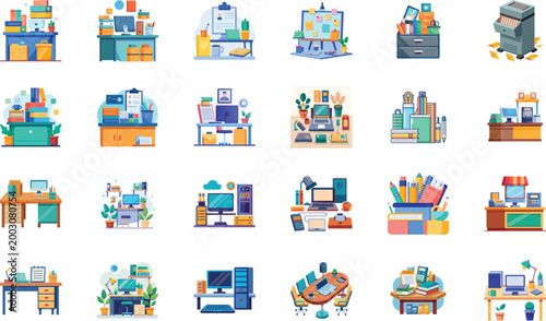 Modern office interior set with various desk configurations and administrative equipment.