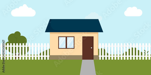 Cozy suburban house with white picket fence and green lawn. Simple beige cottage vector illustration for real estate marketing, home insurance advertisements, suburban lifestyle content