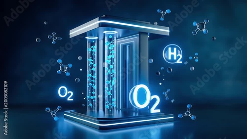 Futuristic hydrogen fuel cell reactor core with glowing H2 and O2 molecules representing advanced clean energy technology and sustainable power generation