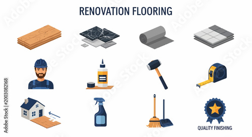 Illustration set of Renovation flooring tools and materials.