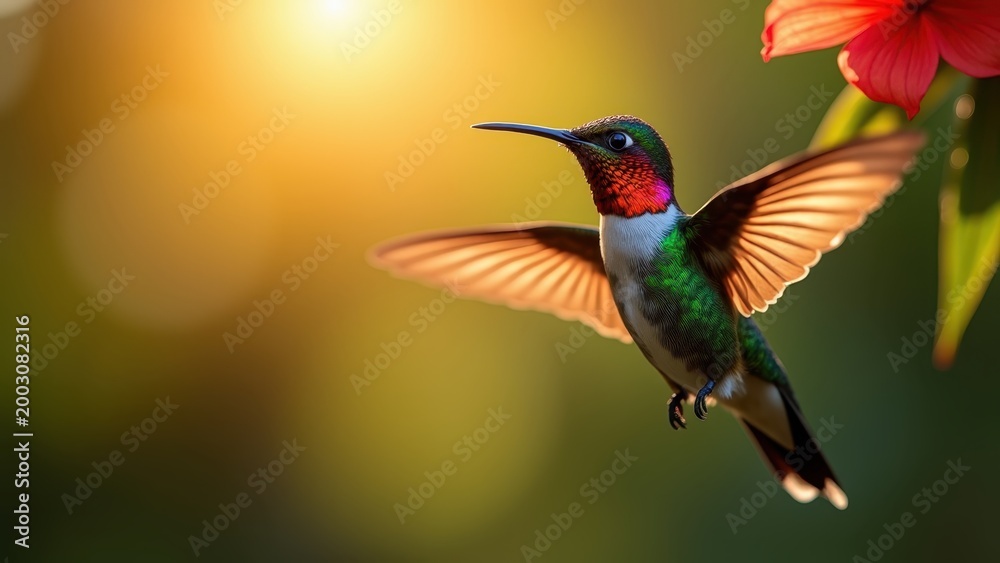 Fototapeta premium Macro vivid iridescent hummingbird throat feathers caught in sunlight