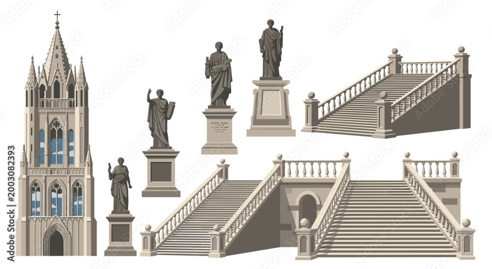 Obraz premium Gothic tower, classical statues on pedestals, and grand staircases are arranged as architectural elements on a pure white background.