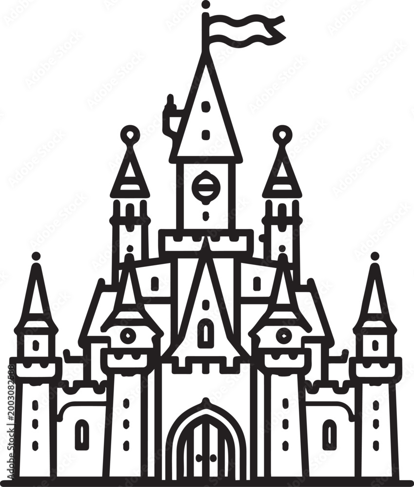 Fototapeta premium A meticulously crafted line art depiction of a majestic castle, featuring soaring turrets, intricate architectural details, and a fluttering flag atop its highest spire.