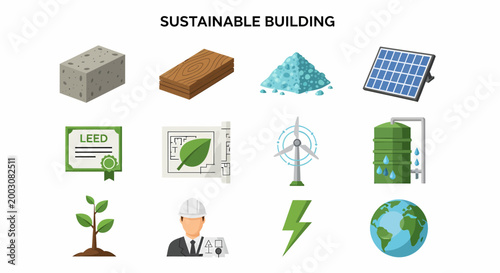 Modern illustration of Sustainable building eco friendly construction.