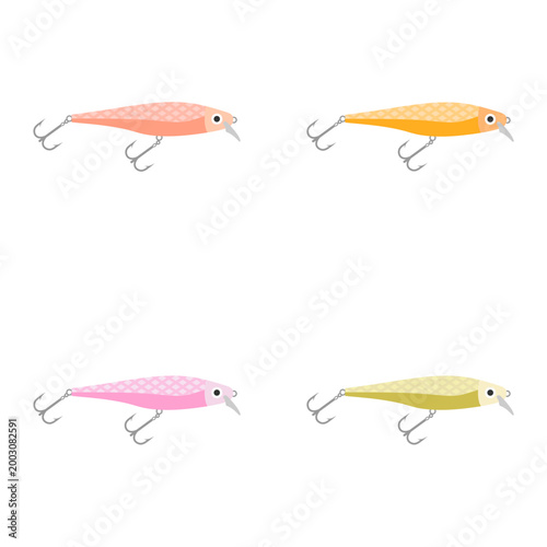 set of fishing lures and artificial baits flat design illustration isolated on white background. colorful realistic bait fish and treble hooks illustration. fishery equipment collection