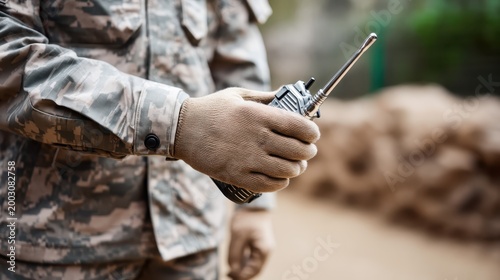 Soldier communicates using walkie-talkie in forest setting while wearing military uniform and gloves during an outdoor operation