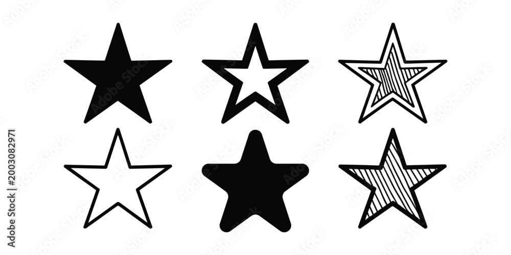 Obraz premium Black and white star shapes in different styles and patterns black star symbol vector illustration isolated on white background