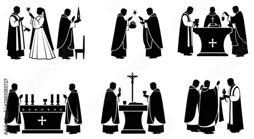 Catholic religious ceremony icons with priests and altar