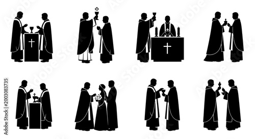 Clergy performing religious ceremonies silhouette icons