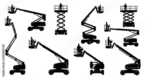 Set of black silhouette aerial work platforms and scissor lifts