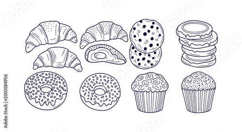 Schilderij op canvas Sweet bakery goods hand drawn vector set featuring croissants donuts cookies and