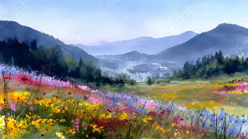 Colorful wildflowers blanket a rolling meadow beneath misty mountain peaks.