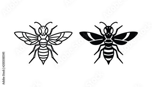 Stylized wasp insect icon in dual outline and filled black graphic style for pest control service or nature branding