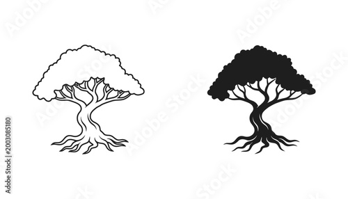 Sturdy oak tree silhouette with deep roots and lush canopy in outline and solid black graphic styles for nature and growth concepts