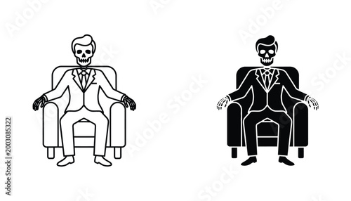 Skeleton businessman in suit sitting on office chair vector illustration featuring both outline and solid silhouette versions for corporate humor and dark comedy themes