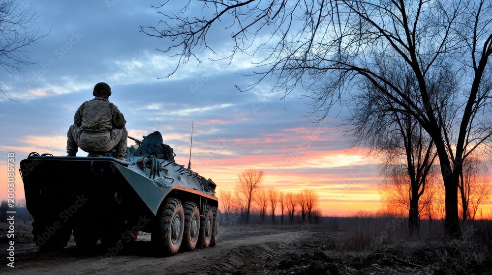 Fototapeta premium Soldier positions machine gun on roof of white pickup truck, focusing on enemy positions as night falls in a field