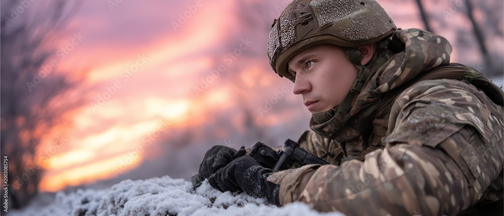 Fototapeta premium Soldier positions machine gun on roof of white pickup truck, focusing on enemy positions as night falls in a field