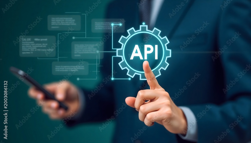 Obraz premium Digital Technology Business Icon representing API connection and integration with hand pointing