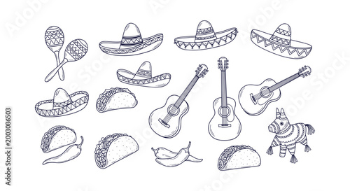 Canvastavla Hand Drawn Mexican Culture Doodle Set with Sombreros Tacos Guitars Maracas Chili
