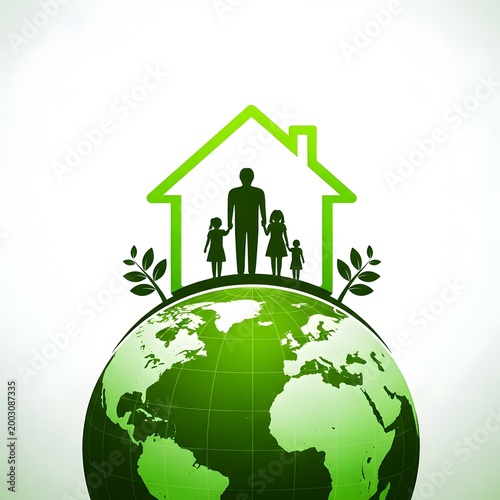 Family safeguarding the earth within a green home symbol