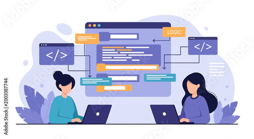 Two women coding and developing software on laptops.