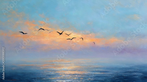 Birds fly over a calm sea under a sunset sky depicted in an oil painting style.