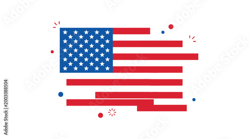 Abstract American flag graphic with stars and stripes in red, white, and blue, celebrating independence