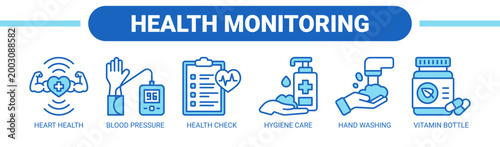 Health Monitoring web banner icon vector illustration concept with icons of heart health, blood pressure, health check, hygiene care, hand washing, and vitamin bottle. 