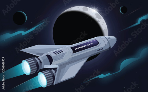 Foto Lunar observer VII spaceship flying past a large moon with glowing blue engine e