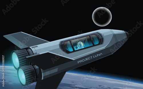 Spaceship with project luna text flying over the moon's surface with an astronaut in the cockpit, space travel