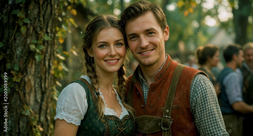Obraz premium Smiling young couple wearing traditional German Bavarian attire in the forest