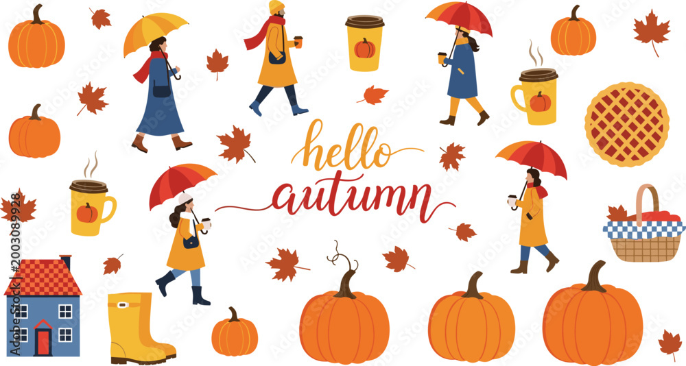 Fototapeta premium Hello Autumn Vector Illustration Set Featuring People with Umbrellas, Pumpkins, Maple Leaves, Hot Coffee Mugs, Pie, and Cozy Fall Elements for Seasonal Greetings and Marketing