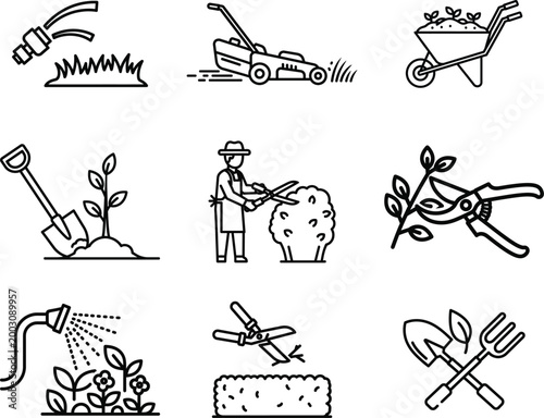 Gardening tools and elements a black and white icon set for horticulture and landscaping