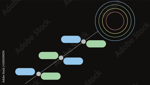 Minimalist business timeline infographic vector, professional project roadmap with colorful milestones, corporate strategy process diagram on black background