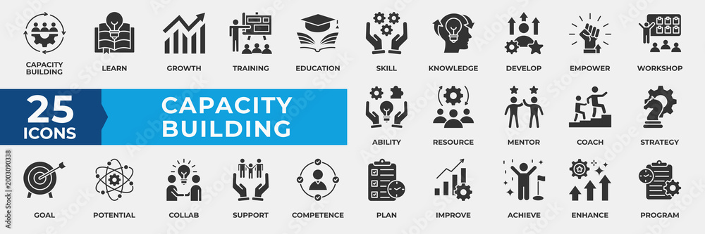 Photography Capacity Building icon set solid black style