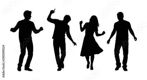 Four people in silhouette a dynamic group pose with varied gestures and outfits