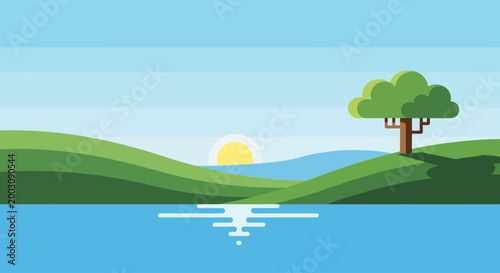 Flat design landscape with sunrise over rolling hills and a tree by the water.