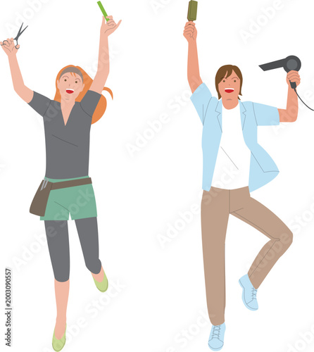 美容師の男性と女性スタッフ。元気で働くイメージのイラスト