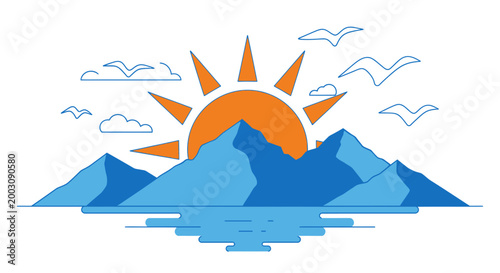 Stylized sunrise over mountains with birds and clouds.