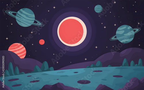 Flat of a cratered alien planet surface under a night sky with rings and stars, space landscape