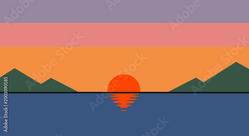 Minimalist sunset over mountains and ocean with reflection