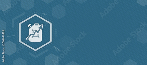 Abstract business header with a fuel jerrycan icon and a rising stock market trend arrow representing rising oil prices, energy market growth and global fuel cost inflation